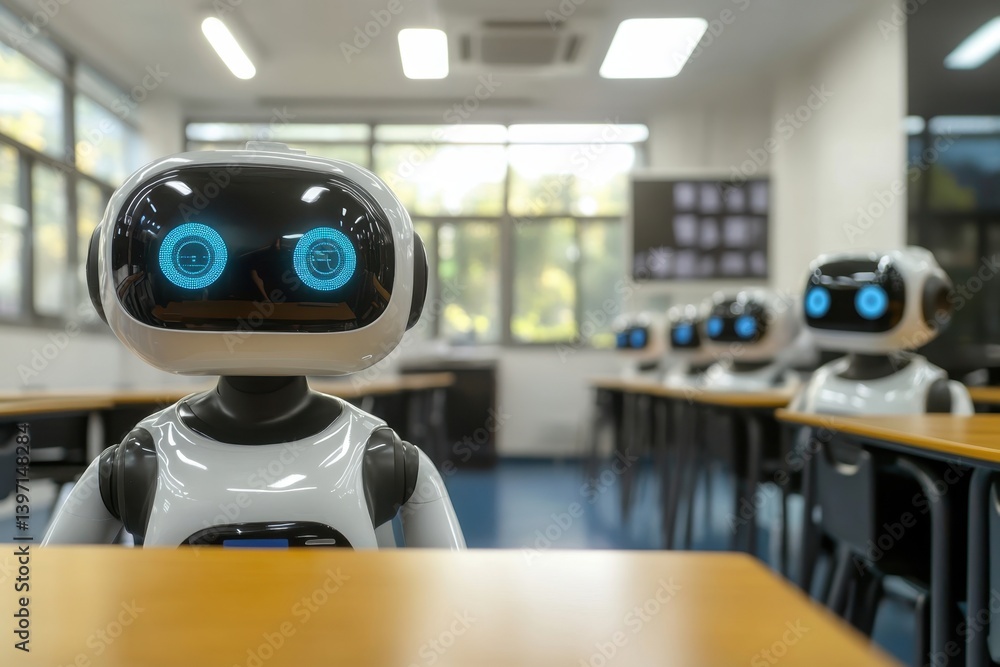 Poster robots in a classroom setting engaged in learning activities during the day