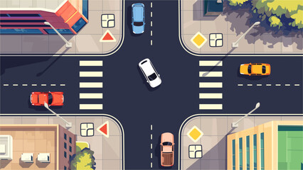 Top view of road intersection with cars and road signs. View from above. Traffic rules. Driving school test. City street with buildings, pedestrian crossing, crossroad. Vector illustration. Flat style