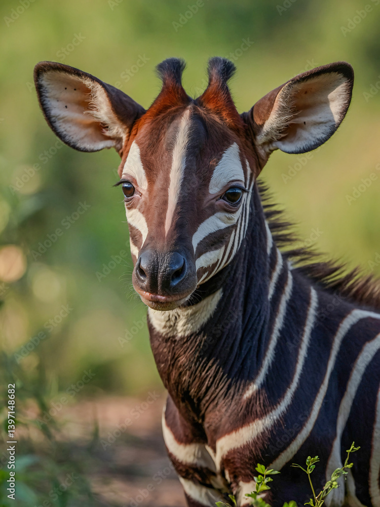 Poster close-up view of okapi cub in its natural environment with a blurred background.