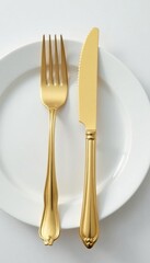 Gleaming gold fork & knife rests; minimalist white surface, shiny, metal, elegant