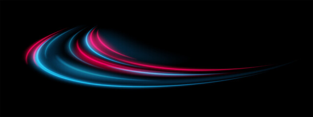 Neon motion. Glowing red and cyan curved trails on black. Smooth flow, energy pulse, futuristic wave, dynamic speed, abstract swirl.