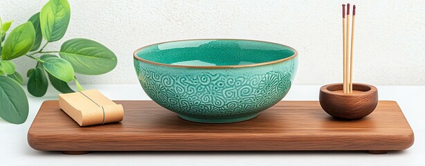 Cultural relics in the collection of the Chinese A beautifully styled green ceramic bowl on a wooden tray, accompanied by chopsticks and a holder, creating a serene dining atmosphere.