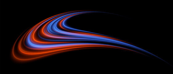 Light flow. Blue and orange lines form wide dynamic path. Glowing arcs with soft gradient and smooth energy.