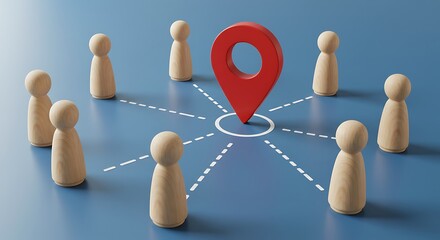 Connecting Wooden Figures with a Red Location Pin Concept