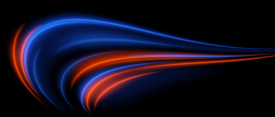 Dual energy flow. Blue and red trails merge in dynamic sweep. Sharp contrast, motion fluidity, tech-inspired arc shape.