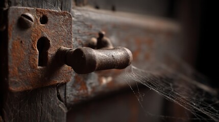 Weathered door handle with keyhole, rustic, aged wood, and cobwebs