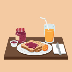 Delicious breakfast scene featuring toast with jam, orange slice, and refreshing juice, presented in a flat vector illustration style