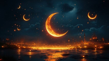 Naklejka premium Modern Ramadan-themed invitation design with crescent moons, stars, and elegant calligraphy for iftar
