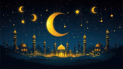  Modern Ramadan-themed invitation design with crescent moons, stars, and elegant calligraphy for iftar