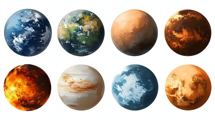 Set of Five Colorful Planets with Unique Textures and Styles