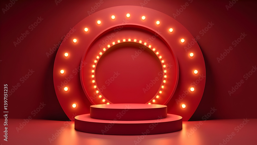 Poster a two-tiered red podium sits within concentric illuminated circles, creating a dramatic and eye-catc