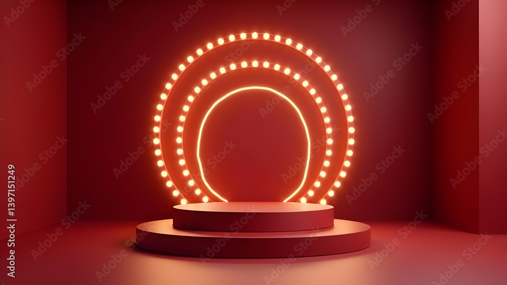 Poster a minimalist 3d rendering showcases a two-tiered red podium, dramatically lit by a warm, glowing cir