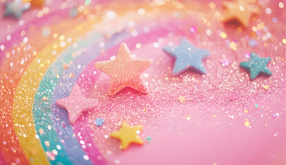 A pink background with a colorful rainbow and stars