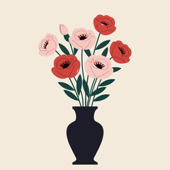 A beautiful arrangement of red and pink flowers in a black vase, showcasing a minimal style of vector art