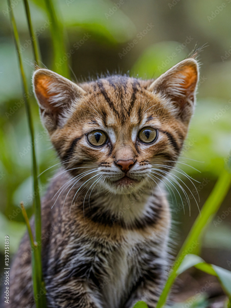 Poster close-up view of rusty-spotted cat cub in its natural environment with a blurred background.