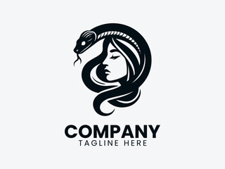 Woman Wrapped in Snake Face to Face Logo, Serpent Encircling Woman Face Logo, Snake Wrapped Around Woman Facing Her Face Vector Logo Design