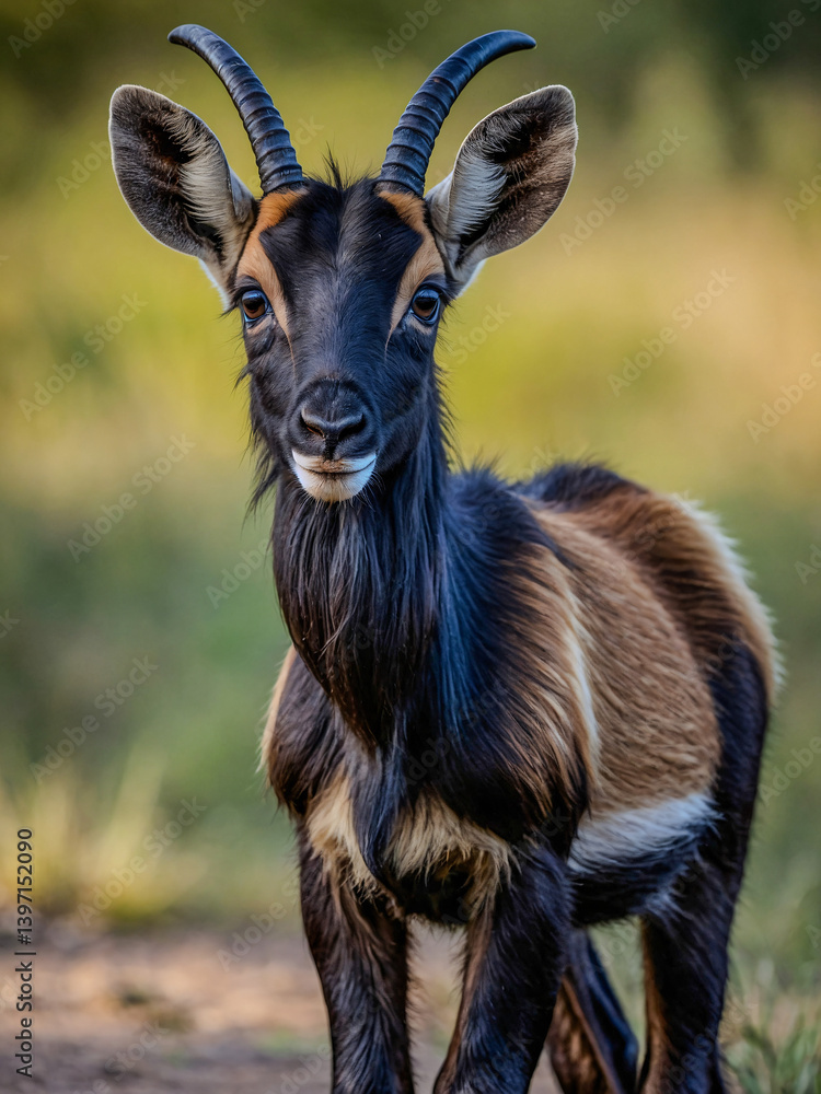 Poster close-up view of sable antelope cub in its natural environment with a blurred background.