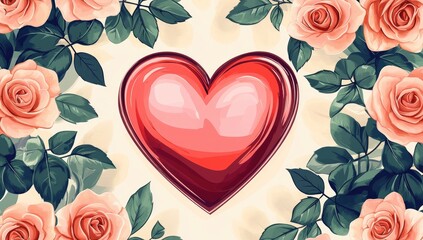 A vibrant red heart surrounded by delicate peach roses.