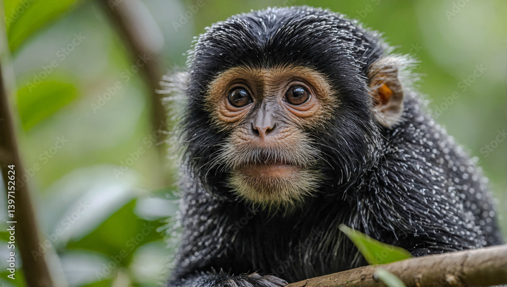 Poster close-up view of saki monkey cub in its natural environment with a blurred background.