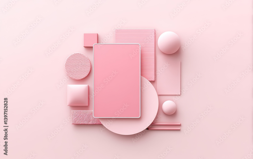 Poster minimalistic layout featuring geometric shapes and stationery in soft pink tones, creating serene an