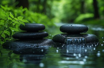 Still life of stacked stones and bamboo in water, evoking a spa ambiance, available as stock