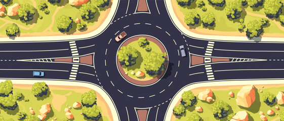 Top view of a roundabout road. Ring intersection. View from above. Country highway. Road markings and walking paths. Cars, trees, rocks set. Wild nature landscape. Cartoon design. Vector illustration.
