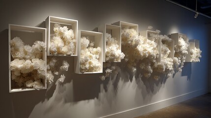 White flowers in square boxes line a wall, casting shadows on the floor