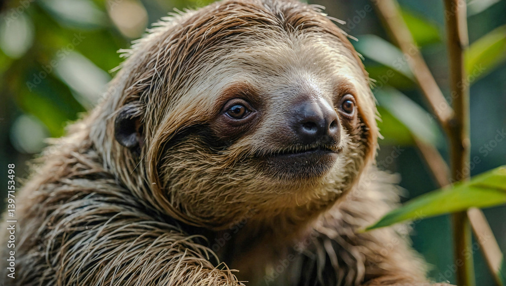 Poster close-up view of sloth cub in its natural environment with a blurred background.