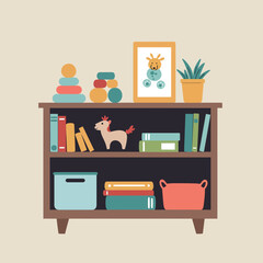 Colorful wooden bookshelf filled with playful toys, books, and plants in a minimal style vector illustration