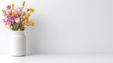 Simple, spring bouquet in a white jar against a white wall