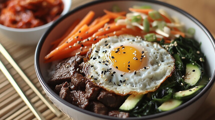 Colorful Bibimbap Bowl Topped with Fried Egg, Beef and Vegetables,Korean Cuisine