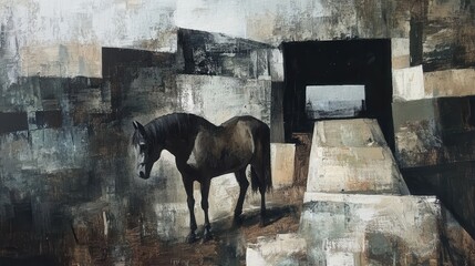 A solitary horse stands in a minimalist, almost surreal, architectural space. The scene is rendered in muted tones, primarily blacks, whites, and grays, giving it a somber and contemplative mood.