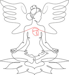 Continuous one line drawing girl in lotus position. Woman doing yoga. Meditation. Heart with wings.