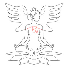 Continuous one line drawing girl in lotus position. Woman doing yoga. Meditation. Heart with wings.