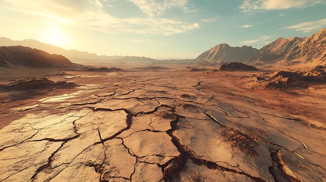 Aerial view of an expansive dry landscape with fractured soil, highlighting arid environmental conditions.