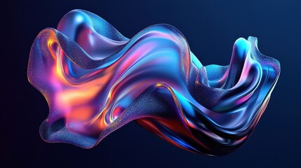 Obraz premium An abstract image featuring a flowing, iridescent ribbon or wave against a dark blue background. The ribbon displays a gradient of vibrant colors