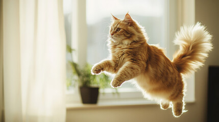 Playful red tabby maine coon cute cat jumping, dynamic pose, indoors