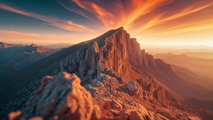 Vibrant phoenix sunset over rugged mountains with dramatic clouds casting surreal light