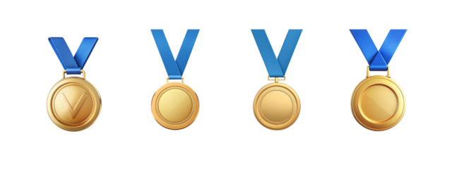 Four Gold Medals with Blue Ribbons Displayed on a transparent Background.

