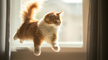 Playful red tabby maine coon cute cat jumping, dynamic pose, indoors