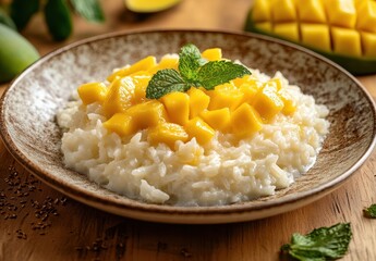 Delicious Mango Sticky Rice Dessert Garnished with Fresh Mint Leaves on Rustic Wooden Table Surrounded by Fruit Elements and Ingredients