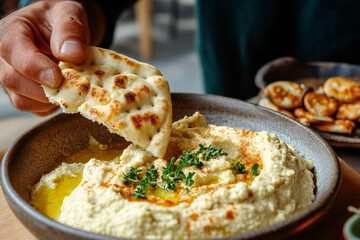 Deliciously Detailed Man Indulging in a Crusty Naan Bread Dip with Creamy Hummus on a Cozy Background