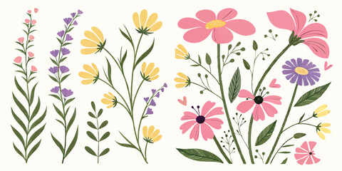 Set of seamless ditsy patterns with various wild meadow flowers. Сolourful cute floral summer backgrounds. Lovely design for wrapping, textile, cover, print, banner, greeting card, label, wallpaper.