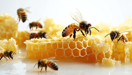 Delicate Close-Up Photography of Honeybees Flitting Around Cut Honeycomb on White Background, Highlighting the Importance of Natural Honey as a Healthy Food Ingredient