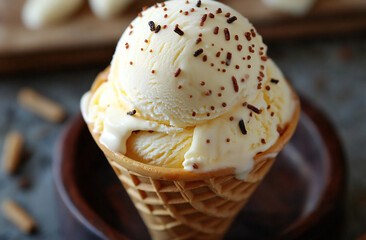 Delicious Waffle Cone Confection: High-Quality Vanilla Bean Ice Cream Scoop with Real Vanilla Specks Melting on Crinkled Waffle Cone