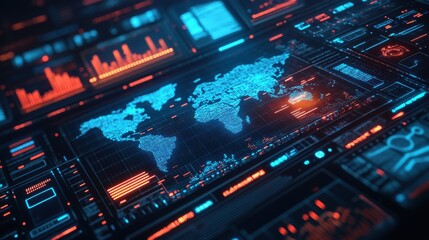 Futuristic digital world map with glowing blue and red data interfaces on a high-tech display.