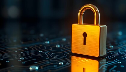 Cybersecurity concept, golden padlock, computer circuit board, digital protection
