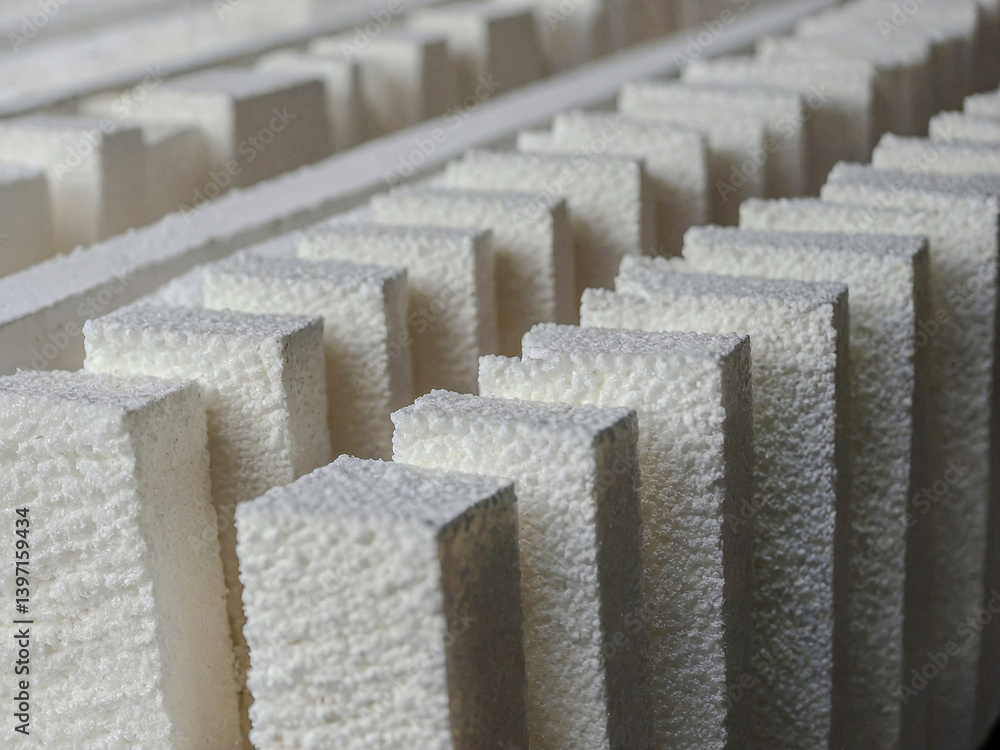 Poster close-up view of white expanded polystyrene for architectural use.