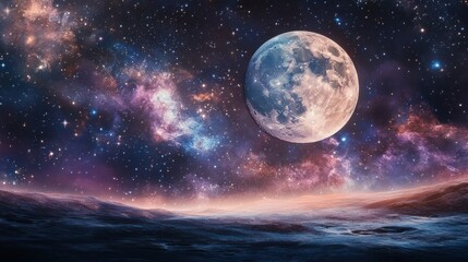 A stunning image of a moon and stars over a landscape. The moon is large and detailed, and the stars create a vibrant and colorful backdrop.