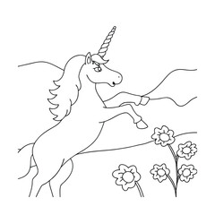 Cartoon Unicorn Rearing Up Amongst The Flowers Black And White Line Art